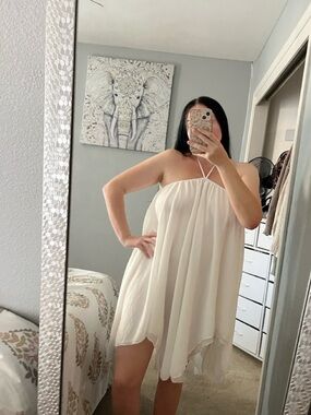 White Flowy Halter Open Back High Low Mini Dress S Small M Medium